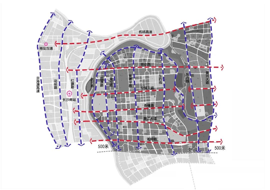 东西向有劳动东路,中轴大道,香樟东路,湘府东路与主城区相连.